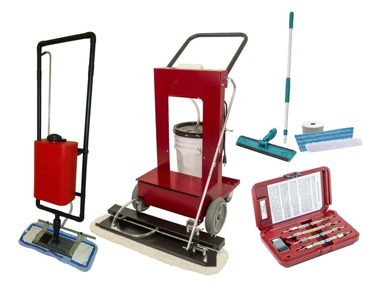 Deco Crete equipment: densifier applicators, mop and Mohs hardness test kit